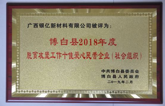 廣西銀億被評為博白縣2018年度“十佳愛心民營企業(yè)”